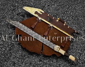 Hand Forged Damascus Seax Sword, Regnar Replica, Northern Style sword mini sword personalize gift birthday gift for him engraved leather