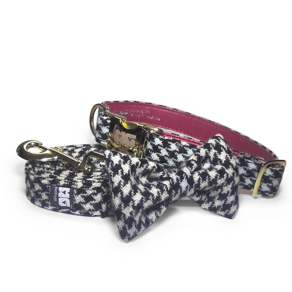 Wilma's Black and Whites Harris Tweed Dog Collar Bow Tie and Lead Set