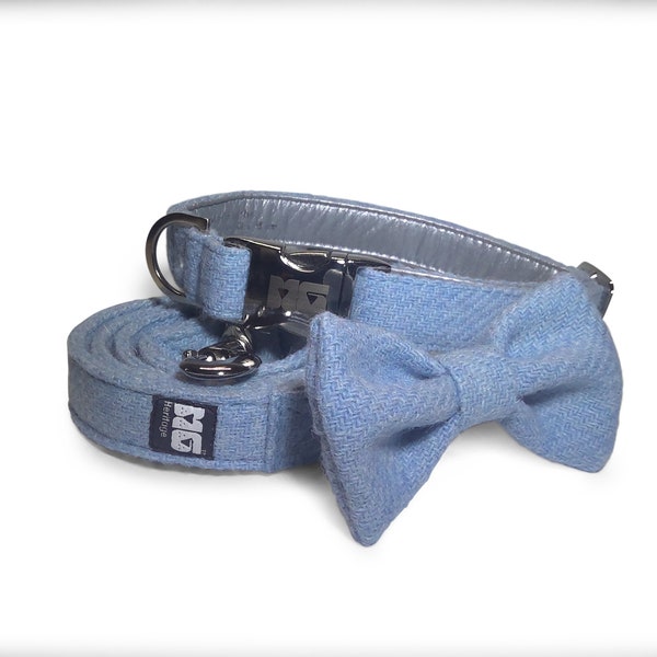 Hugo's Blue Wave Harris Tweed Hundehalsband Fliege und Leine Set