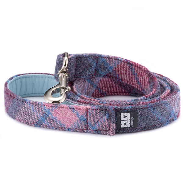 Bonnie's Pinks and Purples Dog Lead Handcrafted in Harris Tweed with Baby Blue Leather Lining