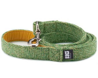 George's Green Arrow Dog Lead Handcrafted in Harris Tweed with Yellow Leather Lining