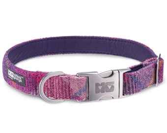 Purdy in Pink Dog Collar Handcrafted in Harris Tweed with Purple Leather Lining