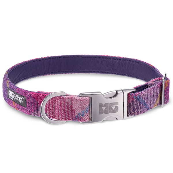 Purdy in Pink Dog Collar Handcrafted in Harris Tweed with Purple Leather Lining