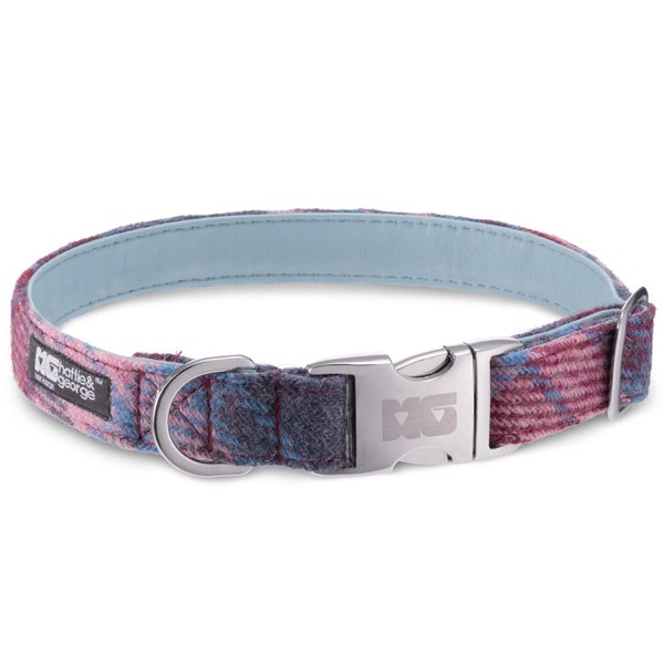 Bonnie's Pinks & Purples Dog Collar Handcrafted in Harris Tweed with Baby Blue Leather Lining