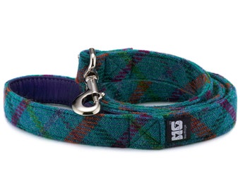 Gus's Turquoise Dog Lead Handcrafted in Harris Tweed with Purple Leather Lining