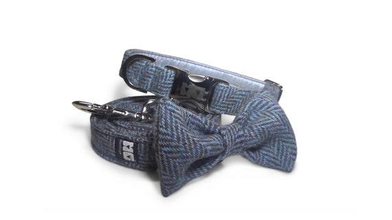 Milo s Blue Arrow Harris Tweed Dog Collar Bow Tie and Lead Set Etsy Canada