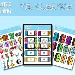 May include: A set of three sheets of stickers featuring Nintendo Switch themed designs. The first sheet has a variety of colorful video game characters and objects. The second sheet has a variety of colorful Nintendo Switch consoles. The third sheet has a variety of colorful Nintendo Switch controllers.
