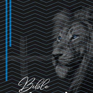 Op de afbeelding: Een zwart-witte afbeelding van een leeuwenkop met blauwe ogen. De leeuwenkop is gedeeltelijk bedekt met een zwart-wit zigzagpatroon. De tekst "Bible Journal" staat in witte letters onder de leeuwenkop.