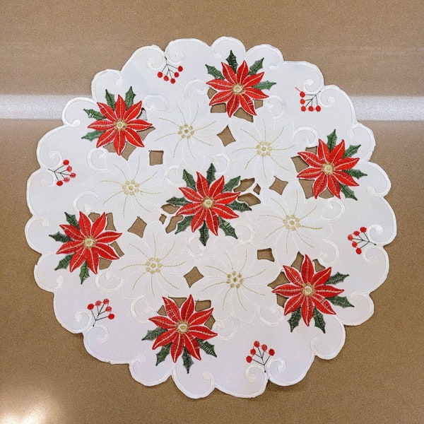 Embroidered Christmas Holiday Poinsettia Flowers Table Mats 4 pieces