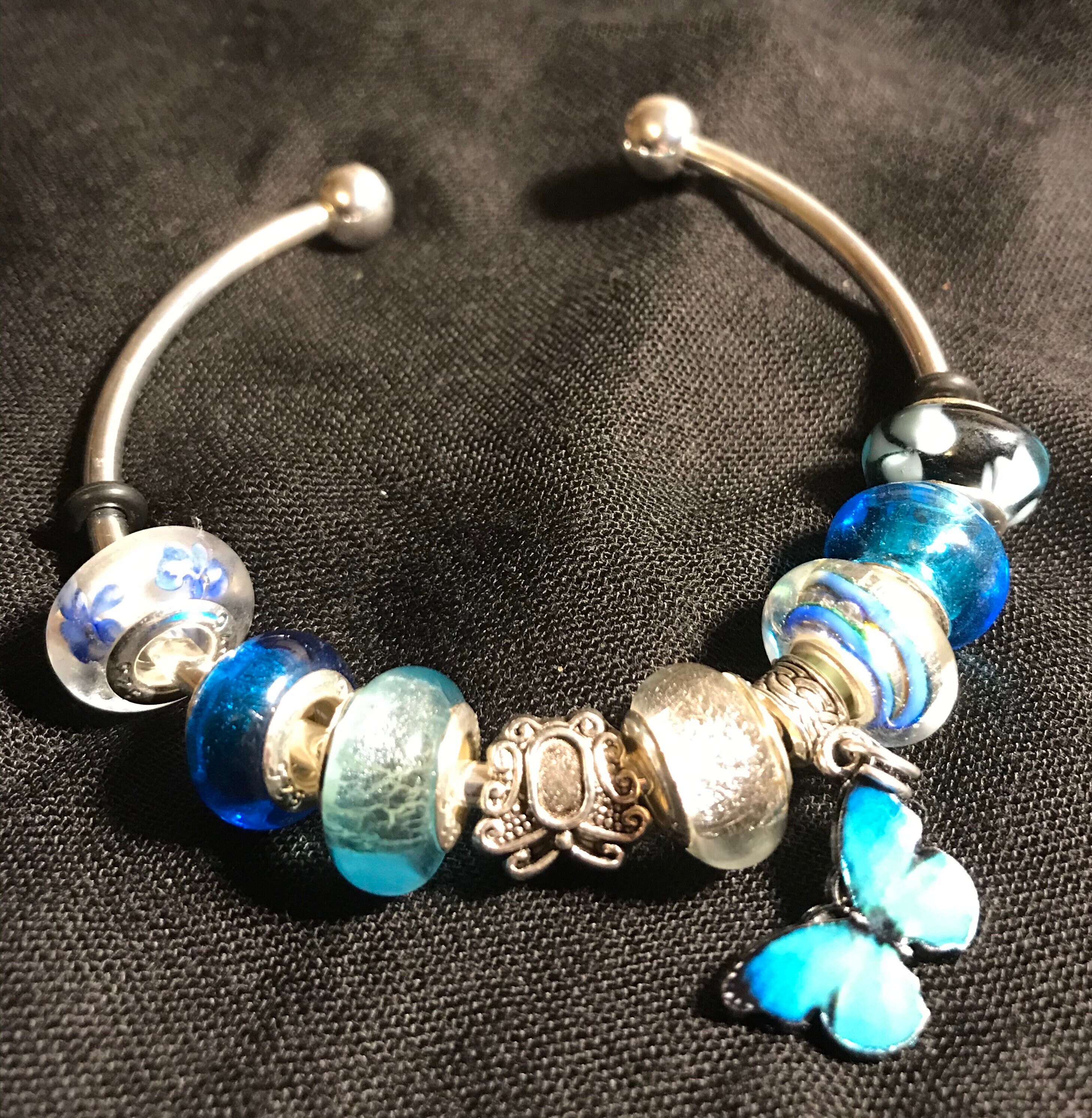 Silver plated torque bracelet with blue and white large glass Etsy