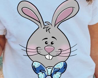 Cute Easter Bunny PNG, Cartoon Rabbit with Blue Bow Tie, Kids Sublimation Design