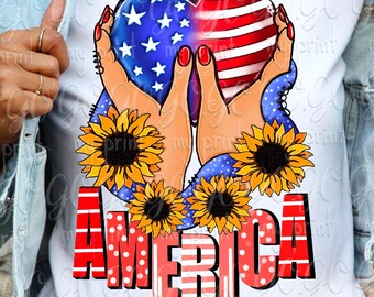 Patriotic America PNG, Sunflower Heart and Hands, American Flag 4th of July Digital Download