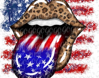 Patriotic Lips PNG – Leopard Print Lips with American Flag Tongue – 4th of July Sublimation Design