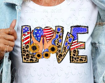 Patriotic LOVE PNG, Leopard Sunflower Design, Fourth of July Sublimation