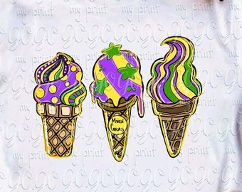 Mardi Gras Ice Cream PNG, Cute Fat Tuesday Sublimation Design, Kids Carnival Shirt