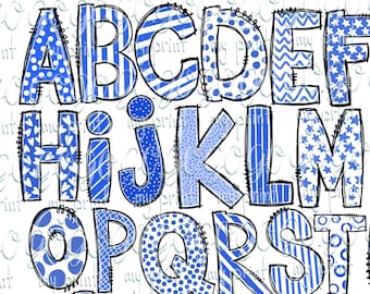Blue Doodle Alphabet PNG, Hand Drawn ABC Letters Bundle for Sublimation and Monogram Crafts, Digital Download