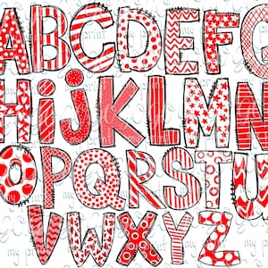 Archivos png del alfabeto Relleno de patrón blanco rojo Clipart Png Paquete de alfabeto Letras garabatos dibujadas a mano Fuente de sublimación Descarga digital