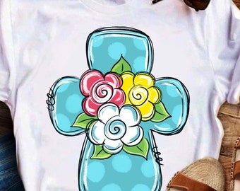 Floral Cross PNG, Christian Spring Sublimation Design, Easter Faith Shirt Design