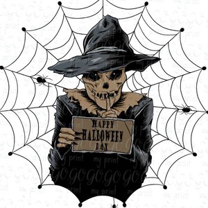 K&ouml;nnte beinhalten: Eine gruselige Halloween-Illustration eines Skeletts, das einen Hexenhut tr&auml;gt und ein Schild mit der Aufschrift "Happy Halloween Day" h&auml;lt. Das Skelett steht vor einem Spinnennetz.