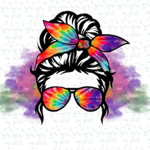 Messy Bun Mom Tie Dye Png, Mom Life Skull Png, Sublimation Designs Download, T-Shirt Design, Colorful Tie Dye, svg no file