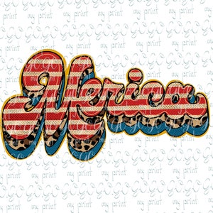 May include: A red, white, and blue graphic with the word "America" in a bold, stylized font. The graphic has a distressed, vintage look and is decorated with a leopard print pattern.