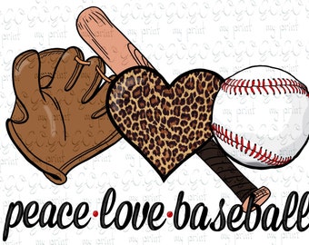 Peace Love Baseball Png Sublimation Download, Bat Baseball, Leopard Png Sublimation, Sports Mom T Shirt Designs, Dtg Printing