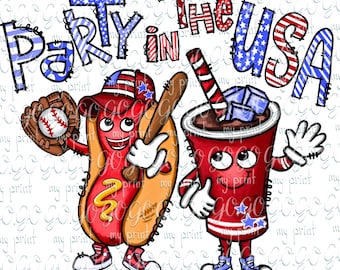 Party in the USA PNG – Patriotic Hot Dog & Soda 4th of July Sublimation Design