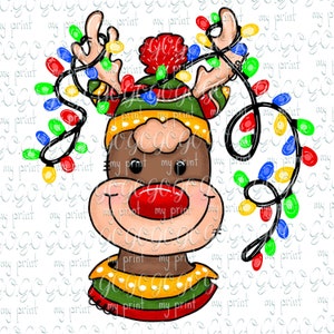 Christmas png files Reindeer boy Hand drawn christmas png lights sublimation design download Red nosed Rudolph reindeer Girl clipart Digital