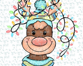 Rentiergesicht (PNG) mit Weihnachtslichtern, Download für weihnachtliche Sublimationsgrafik