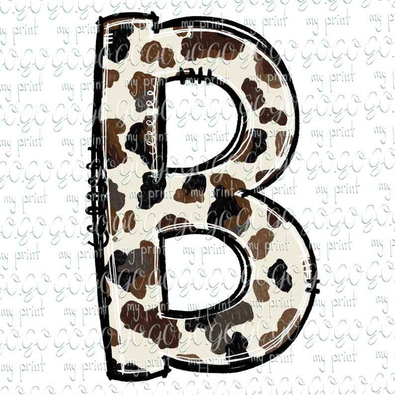 May include: A brown and white cow print letter B with a black outline. The letter is styled with a stitched edge.