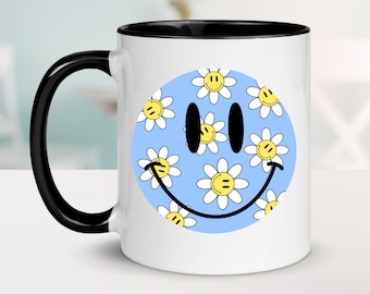 Daisy Smiley Face PNG, Retro Blue Happy Face Sublimation, Groovy Flower Shirt Mug Tumbler Design