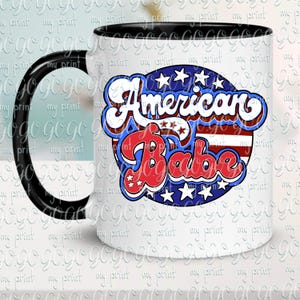 American Babe retro patriotic stars and stripes design displayed on a white mug with black handle.