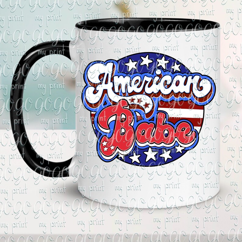 American Babe retro patriotic stars and stripes design displayed on a white mug with black handle.