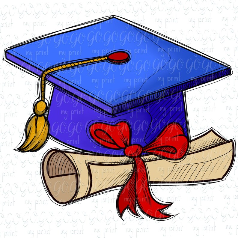 May include: A blue graduation cap with a gold tassel and a red ribbon tied around a rolled up diploma.