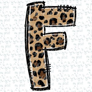 May include: A large letter F with a leopard print pattern. The letter is outlined in black and has a white outline around the leopard print.