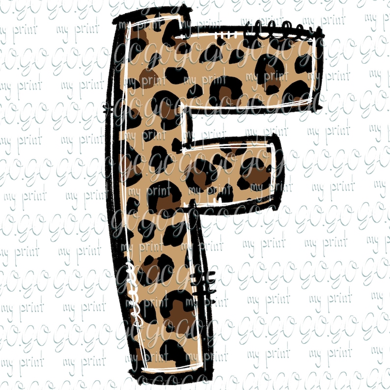 May include: A large letter F with a leopard print pattern. The letter is outlined in black and has a white outline around the leopard print.
