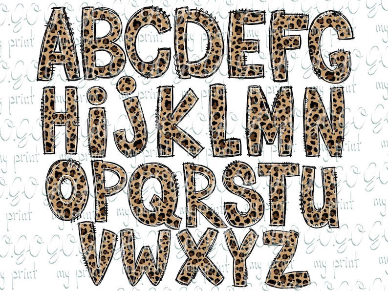 May include: An alphabet in a leopard print pattern. Each letter is outlined in black and has a distressed look.