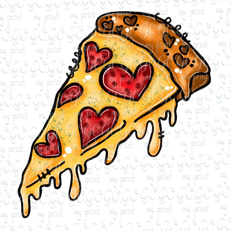 May include: A digital illustration of a single slice of pizza with a golden yellow crust and melted cheese. The pizza is topped with several red heart-shaped pepperoni slices. The crust is brown with small dark heart patterns along the top edge.