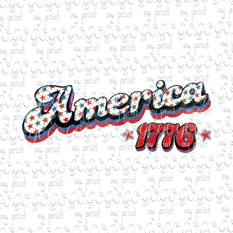 May include: A red, white, and blue graphic with the word "America" in a retro font with stars and the year "1776" in a red, white, and blue font with stars.