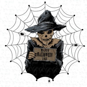 K&ouml;nnte beinhalten: Ein gruseliges Skelett mit einem Hexenhut h&auml;lt ein Schild mit der Aufschrift "Happy Halloween Day" und steht vor einem Spinnennetz.