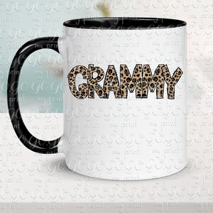 White mug mockup featuring Grammy leopard print lettering for sublimation and personalized grandma projects.