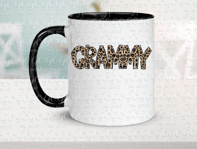 White mug mockup featuring Grammy leopard print lettering for sublimation and personalized grandma projects.