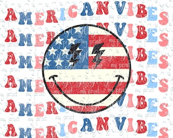 Fjärde juli png Amerikanska vibbar Retro blixtnedslag Amerikansk flagga Smiley ansikte png 4 juli png Vintage USA flagga Sublimeringsskjorta design