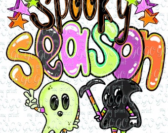 Spooky Season PNG, Cute Ghost and Grim Reaper Halloween Sublimation Design, Retro Groovy Halloween Shirt PNG, Digital Download