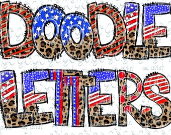 Patriotic Alphabet PNG Bundle, American Flag Leopard Doodle Letters for Sublimation, USA Monogram Clipart Digital Download