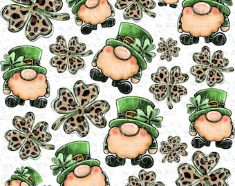 St Patrick’s Day Gnome Seamless Pattern PNG, Leopard Shamrock Digital Paper, Clover Fabric Print