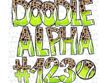 Paquete PNG del alfabeto de tenis, letras y números de tenis con estampado de leopardo, fuente de sublimación deportiva, descarga de imágenes prediseñadas del alfabeto verde