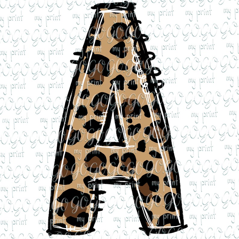 May include: A large letter A with a leopard print pattern. The letter is outlined in black and has a white interior.