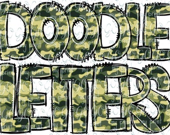 Alphabet png fichiers Camo lettres Camouflage alphabet Doodle lettres dessinées à la main Clipart militaire Alpha pack sublimation Téléchargement numérique