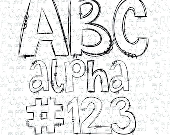 Outline Alphabet PNG Bundle, Hand Drawn Doodle Letters, Transparent Inside Alpha Pack, Numbers Clipart Digital Download